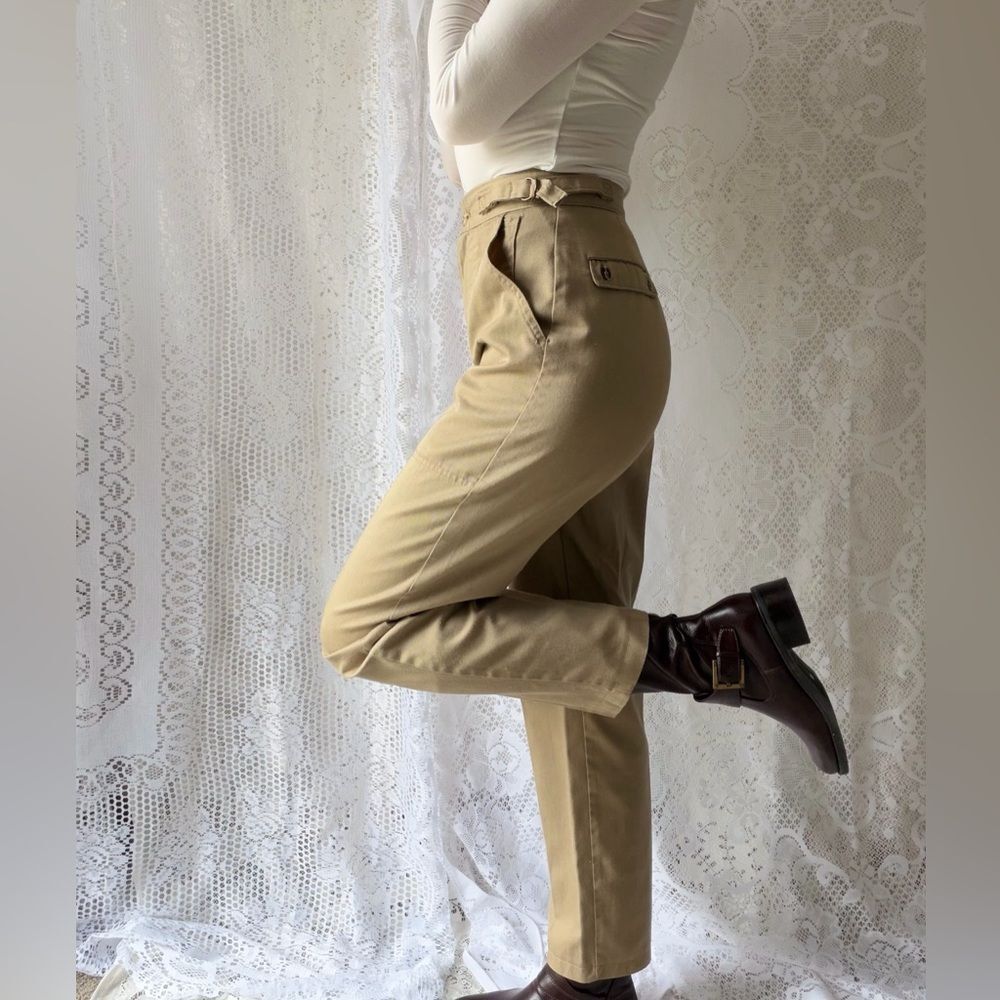 Vintage Khaki High Waisted Tapered Trousers Adjustable Waist 80s 90s
